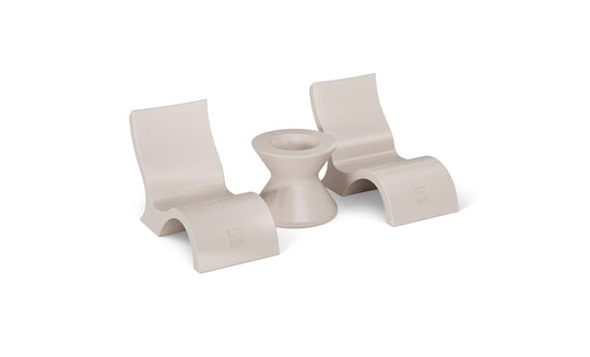 Ledge Loungers Relaxation In-Pool Chair & Ice Bin Bundle features three minimalist beige pieces: two ergonomic curved chairs and an hourglass table. Their smooth, modern design makes them perfect poolside essentials for a chic outdoor retreat.