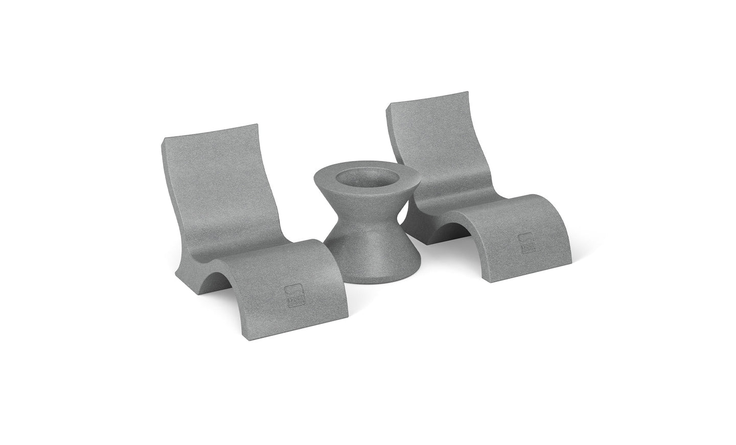 The Ledge Lounger Relaxation In-Pool Chair & Ice Bin Bundle - Lowback, featuring two ergonomically designed gray rocking lounge chairs and an hourglass-shaped table, offers a sleek, modern look ideal for contemporary spaces.