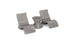 Two gray, curved Relaxation In-Pool Chairs by Ledge Lounger with ergonomic design flank a cylindrical table with a concave center. This modern, minimalist set features smooth surfaces, perfect as poolside essentials for your outdoor or patio space.