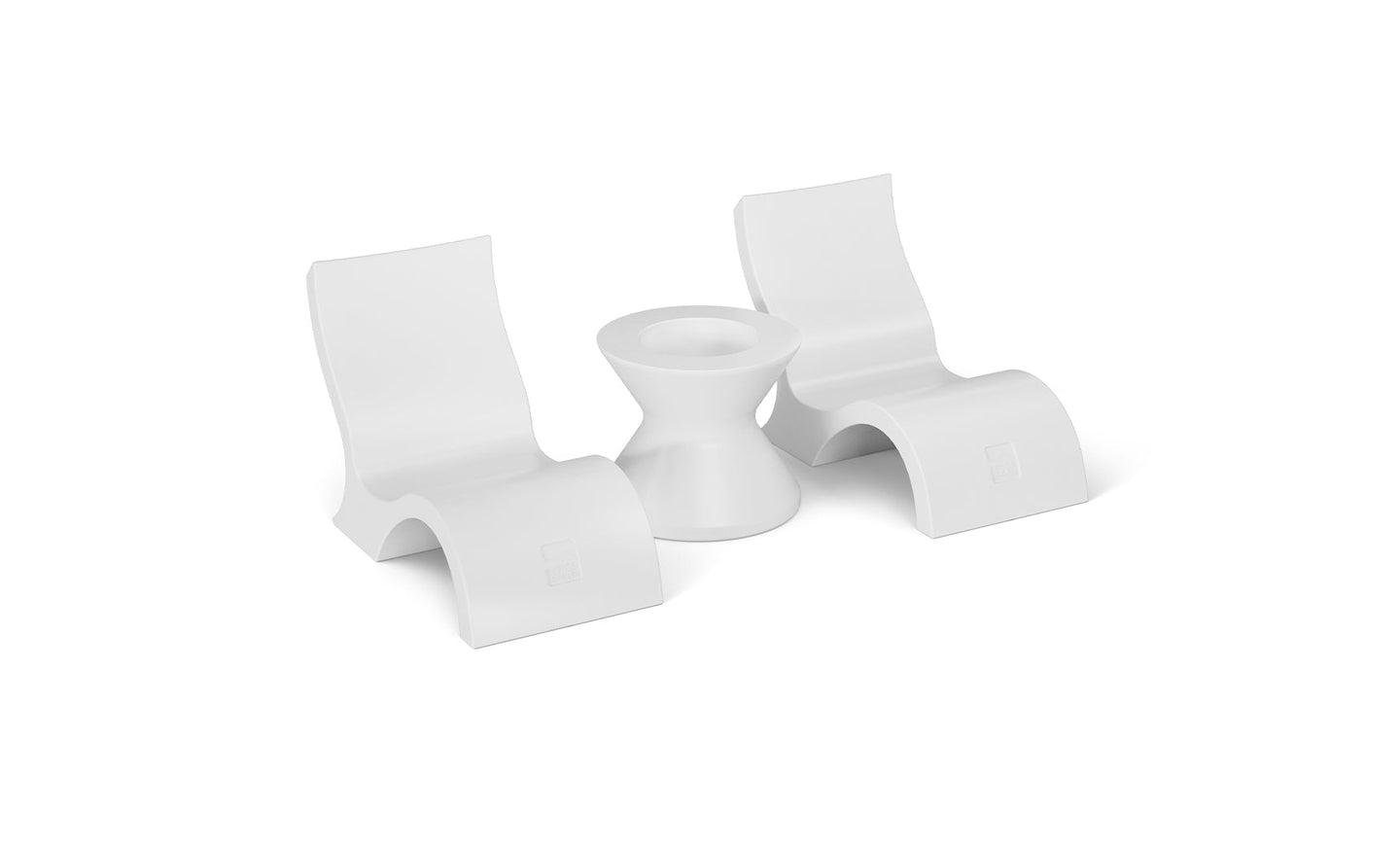 A Relaxation In-Pool Chair & Ice Bin Bundle by Ledge Lounger, featuring two modern white lowback chairs, is arranged around a white cylindrical side table for an ergonomic and minimalist seating setup.