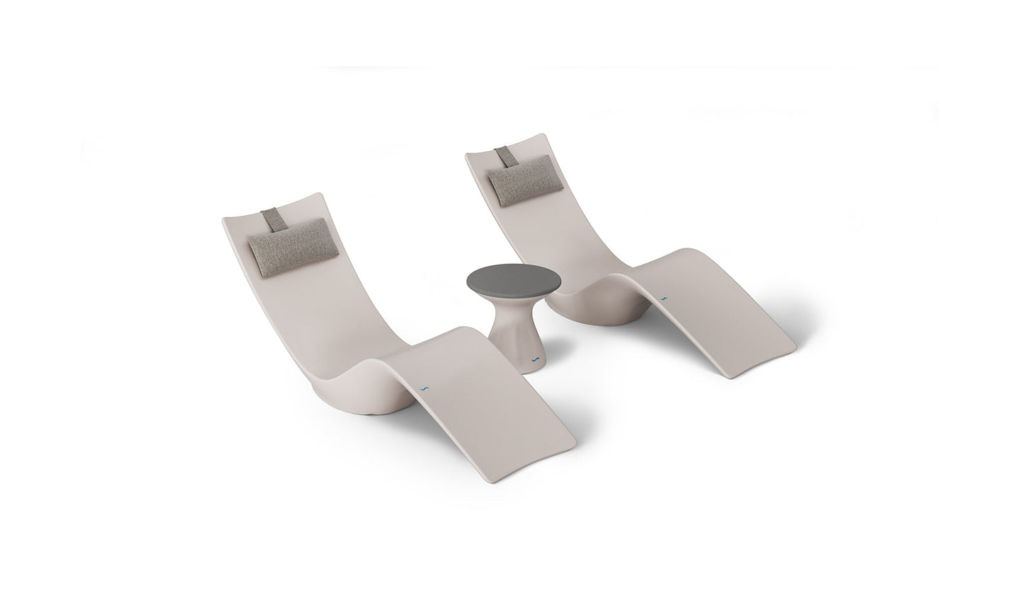 Ledge Loungers Resort Luxury Outdoor Paradise In-Pool Furniture Bundle offers two modern, curved beige lounge chairs with gray headrests and a small, round gray table for poolside relaxation. The sleek, minimalist design complements a plain white backdrop.