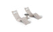 The Ledge Lounger Resort Luxury Outdoor Paradise In-Pool Furniture Bundle includes two sleek beige lounge chairs with curved designs, placed beside a small round side table with a dark gray top. Ideal for poolside relaxation, they each feature white headrest cushions against a plain white backdrop.