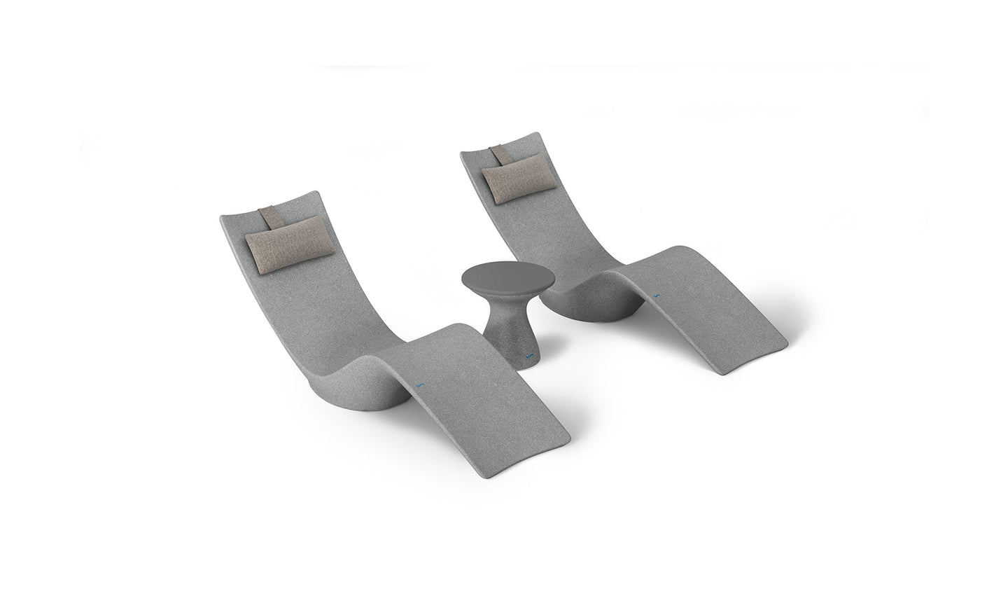 Two curved lounge chairs with light gray upholstery and beige headrests from the Resort Luxury Outdoor Paradise In-Pool Furniture Bundle by Ledge Lounger, flank a small round gray side table, offering a serene poolside vibe against a plain white backdrop.