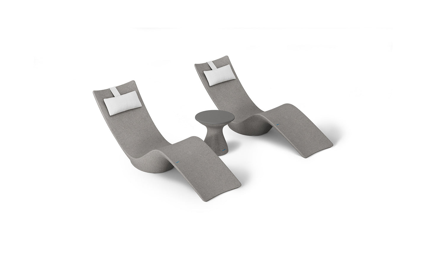 The Resort Luxury Outdoor Paradise In-Pool Furniture Bundle by Ledge Lounger includes two modern gray reclining chaise loungers with white headrest cushions and a small matching gray side table, ideal for poolside relaxation, all set against a plain white background.