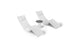 The Ledge Lounger Resort Luxury Outdoor Paradise In-Pool Furniture Bundle includes two modern white lounge chairs with headrests and a small round side table with a dark gray tabletop, ideal for poolside relaxation against a plain, minimalistic backdrop.