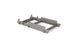 A gray metal server rack mount bracket with angled edges is designed to hold equipment securely, similar to the precision of a Signature Lowback Chair Riser by Ledge Lounger. It features multiple cutouts and slots for adjustable fitting, all set against a white background.