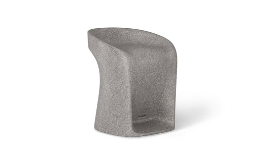 The Ledge Lounger Signature Barstool Counter Height is a modern gray concrete chair with a smooth, curved design. It features a high backrest transitioning into a narrow, slightly twisted base with textured surface, perfect for a contemporary industrial look.