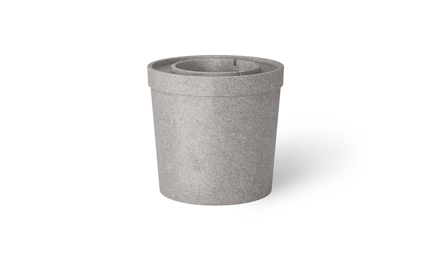 The Signature Ice Basin by Ledge Lounger is a cylindrical gray trash can featuring a stone-like texture and top slot, designed for waste collection. Its minimalist design resembles an umbrella base, making it ideal for both indoor and outdoor use.