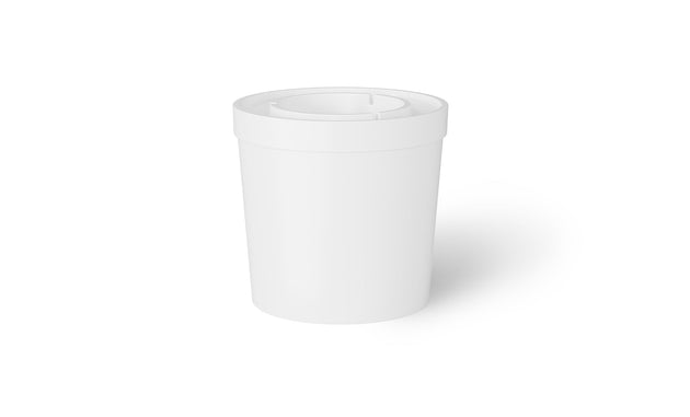 The Ledge Lounger Signature Ice Basin, a white cylindrical container with a flat lid, is set against a plain white background. Its simple design features smooth surfaces without visible markings, and delicate shadowing hints at subtle right-side lighting.