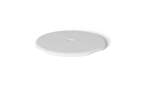 The Ledge Lounger Signature Side Table Lid with Umbrella Hole is a sleek, round accessory available in white plastic or ceramic. It features a central hole and smooth diameter slit, perfect for poolside essentials. Its UV-resistant for sunny days and displayed on a crisp white background.