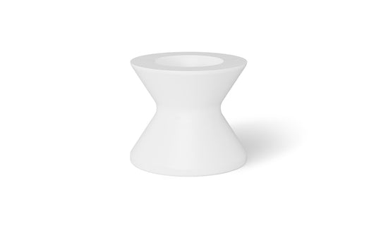 The Signature Tall Ice Bin Side Table by Ledge Lounger is a white, hourglass-shaped stool with a circular top and bottom that doubles as an ice bin side table. Its sleek, modern design features a smooth glossy finish, casting a faint shadow on the white background.