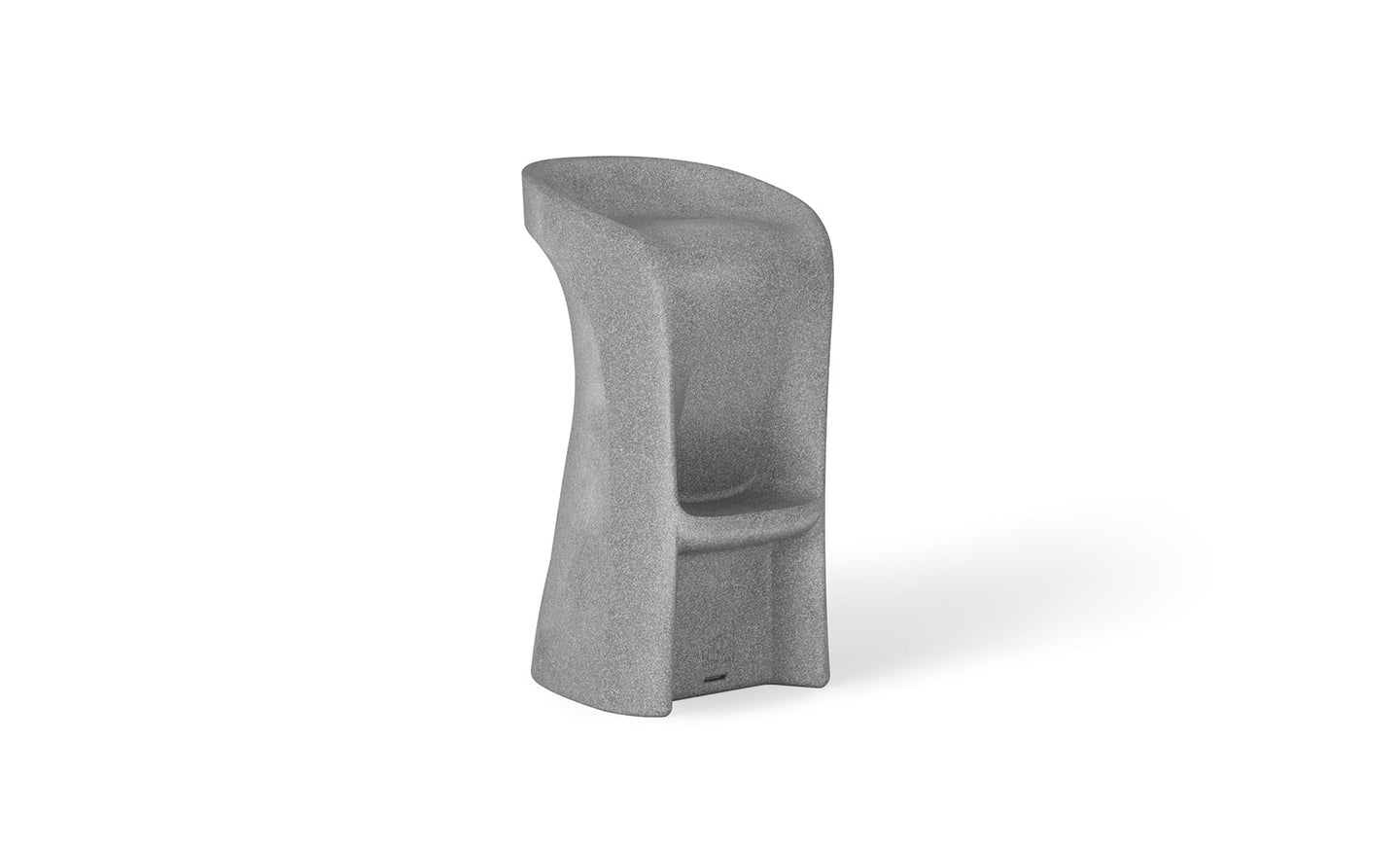 Introducing the Signature Barstool Bar Height by Ledge Lounger: a modern minimalist gray stool with a high backrest, cylindrical form, and stone-like texture. Its widened base and integrated footrest ensure support, while the curved seat is perfect for poolside seating during outdoor entertaining.