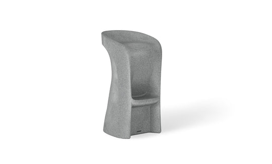 Introducing the Signature Barstool Bar Height by Ledge Lounger: a modern minimalist gray stool with a high backrest, cylindrical form, and stone-like texture. Its widened base and integrated footrest ensure support, while the curved seat is perfect for poolside seating during outdoor entertaining.