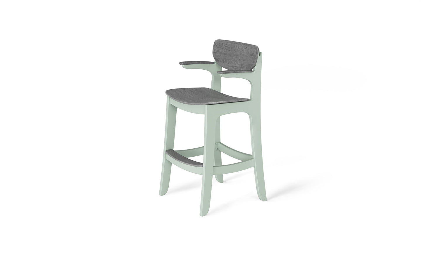 The Ledge Lounger Haven Hightop Chair features a mint green wooden frame with a gray seat and backrest. Designed for ergonomic comfort, it has a footrest and curved armrests in its modern style, suitable for any setting with all-weather durability against a crisp white backdrop.