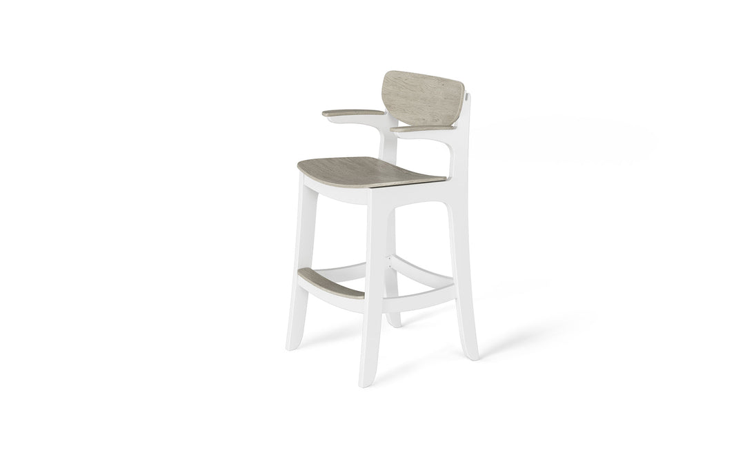 The Haven Hightop Chair by Ledge Lounger boasts a modern white frame with a light wooden seat, backrest, and footrest. Its ergonomic design includes slightly curved armrests and an angled back, supported by sturdy legs inspired by Haven patio chairs.