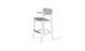 The Haven Hightop Chair by Ledge Lounger boasts a modern white frame with a light wooden seat, backrest, and footrest. Its ergonomic design includes slightly curved armrests and an angled back, supported by sturdy legs inspired by Haven patio chairs.