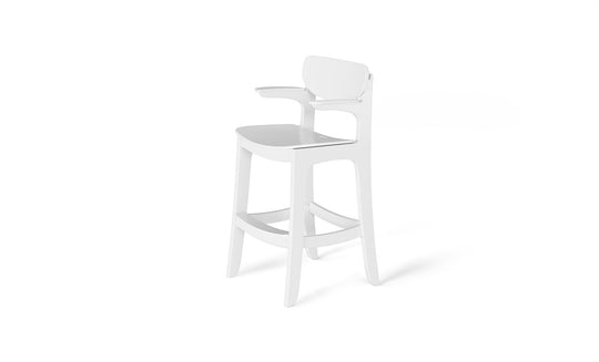 A modern white Haven Hightop Chair by Ledge Lounger stands against a clean, white background. It features a curved backrest, armrests, sleek lines, and four sturdy legs for ergonomic comfort and all-weather functionality akin to Haven patio chairs.