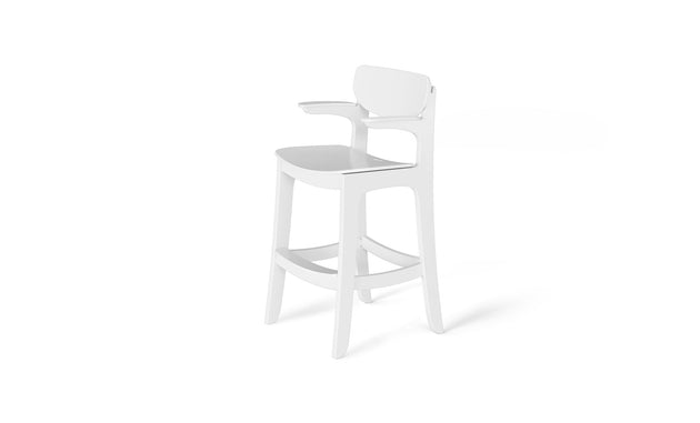 A modern white Haven Hightop Chair by Ledge Lounger stands against a clean, white background. It features a curved backrest, armrests, sleek lines, and four sturdy legs for ergonomic comfort and all-weather functionality akin to Haven patio chairs.