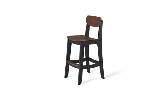 The Haven Hightop Chair by Ledge Lounger is a wooden bar stool with a dark frame and brown seat, designed for ergonomic comfort and modern simplicity. Built for all-weather use, it features four sturdy legs and a handy footrest.