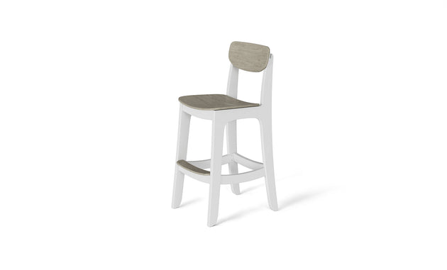 The Haven Hightop Chair by Ledge Lounger is a modern bar stool with all-weather functionality, featuring a light grey wooden seat and backrest on a white frame. Its sleek design includes an ergonomic footrest, perfectly complementing your Haven patio chairs on any backdrop.