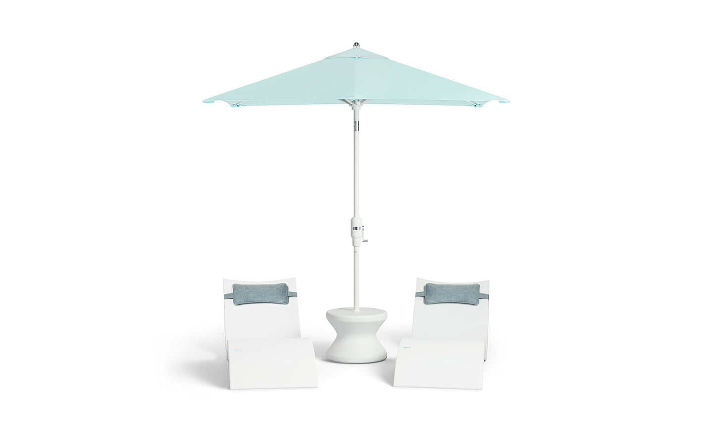 Two white lounge chairs with gray cushions surround a white round table under a 6.5 Square Signature 360° Tilt Umbrella from Ledge Lounger in light blue, featuring a rustproof frame for minimalist design and lasting outdoor relaxation.