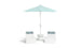 Two white lounge chairs with gray cushions surround a white round table under a 6.5 Square Signature 360° Tilt Umbrella from Ledge Lounger in light blue, featuring a rustproof frame for minimalist design and lasting outdoor relaxation.