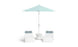 Two white lounge chairs with gray cushions surround a white round table under a 6.5 Square Signature 360° Tilt Umbrella from Ledge Lounger in light blue, featuring a rustproof frame for minimalist design and lasting outdoor relaxation.