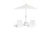 A sleek white patio setup includes two modern chairs, a Signature Standard Side Table by Ledge Lounger, and a large white umbrella. Its minimalist design is ideal for in-pool use on your sun shelf.