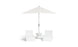 A sleek white patio setup includes two modern chairs, a Signature Standard Side Table by Ledge Lounger, and a large white umbrella. Its minimalist design is ideal for in-pool use on your sun shelf.