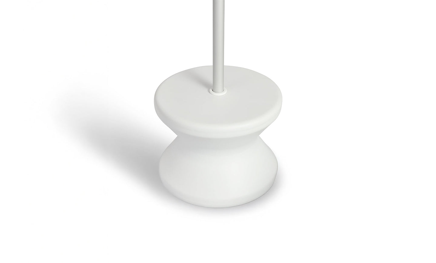 The Ledge Lounger Signature Standard Side Table showcases a close-up of its white, curved pedestal base with an upward pole. Perfect for in-pool use, it boasts a minimalist design casting a soft shadow on the white background, reminiscent of a tranquil sun shelf.