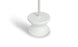The Ledge Lounger Signature Standard Side Table showcases a close-up of its white, curved pedestal base with an upward pole. Perfect for in-pool use, it boasts a minimalist design casting a soft shadow on the white background, reminiscent of a tranquil sun shelf.