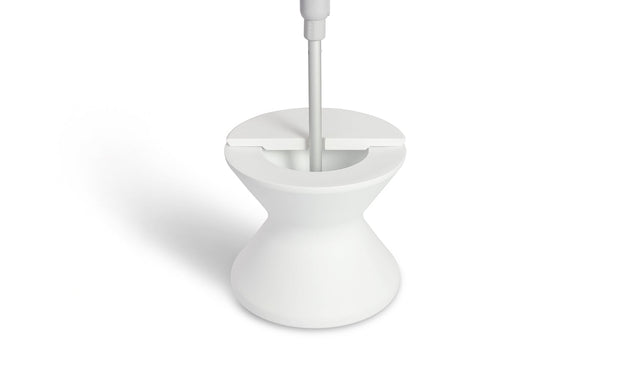 The Signature Tall Ice Bin Side Table by Ledge Lounger has a sleek, modern white design resembling an umbrella base. Its minimalist look features a smooth finish, while its hourglass shape adds elegance against a plain white background.