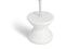 The Signature Tall Ice Bin Side Table by Ledge Lounger is a modern, white, hourglass-shaped stand with a flat top and sleek design. Its minimalistic style features smooth curves and a clean finish, making it both functional and stylish.