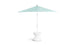 The open Signature Tall Ice Bin Side Table by Ledge Lounger showcases a light blue patio umbrella with a sturdy white stand and rounded, hourglass-shaped base that doubles as an ice bin side table. Set against a plain white background, the lid is designed to be removable.