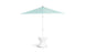 The open Signature Tall Ice Bin Side Table by Ledge Lounger showcases a light blue patio umbrella with a sturdy white stand and rounded, hourglass-shaped base that doubles as an ice bin side table. Set against a plain white background, the lid is designed to be removable.