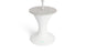 The Autograph Umbrella Stand Ice Bin by Ledge Lounger features a sleek design with a modern white pedestal base, a round gray top, and a central pole resembling an outdoor table. The flared base mimics an umbrella stand and showcases the small blue logo near the bottom.