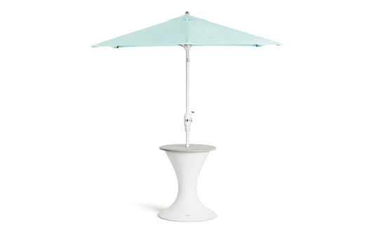 The 6.5 Square Signature 360° Tilt Umbrella by Ledge Lounger boasts a modern aqua canopy with fade resistance and minimalist design. It features a tilting mechanism and white hourglass pedestal base, making it perfect for any outdoor setting.