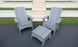 Two gray Ledge Lounger Adirondack chairs on a dark patio, showcasing durability and style, with a Mainstay Adirondack Ottoman in between. Background steps and grass patches complete the cozy outdoor setting.