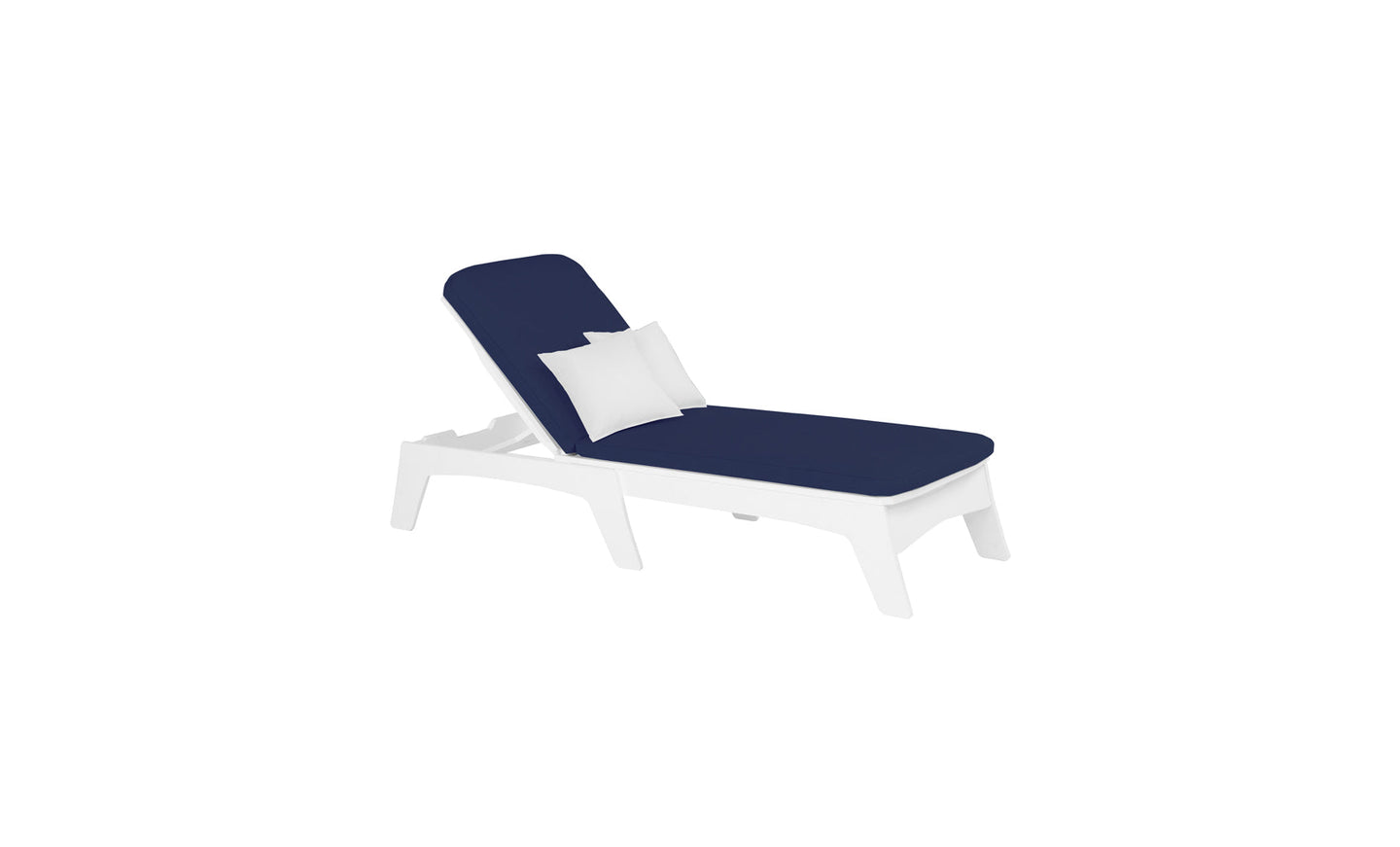 The Ledge Lounger outdoor lounge chair, paired with a white Mainstay Chaise Cushion and navy pillow, offers full-body comfort. Set on a simple white backdrop, the chair invites relaxation with its sleek design and cozy customization.