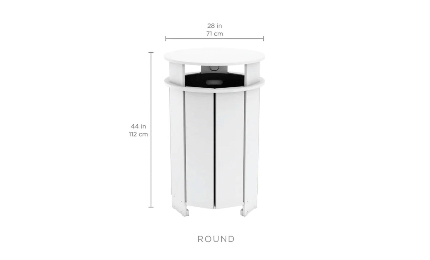 The Mainstay Trash Bin by Ledge Lounger is a tall, round container perfect for patios, measuring 28 inches (71 cm) in width and 44 inches (112 cm) in height. It features a slightly raised lid and a slatted design made from UV stable materials.