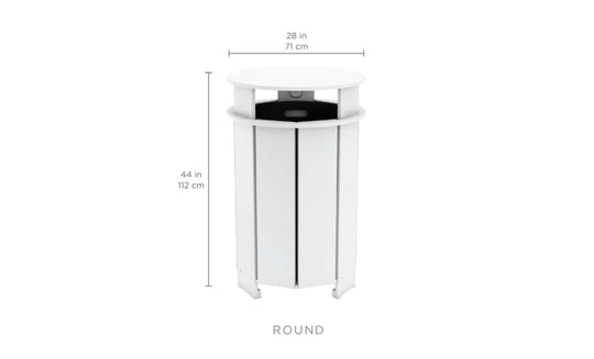 The Mainstay Trash Bin by Ledge Lounger is a tall, round container perfect for patios, measuring 28 inches (71 cm) in width and 44 inches (112 cm) in height. It features a slightly raised lid and a slatted design made from UV stable materials.