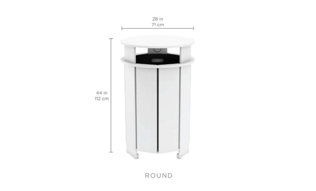 The Mainstay Trash Bin by Ledge Lounger is a tall, round container perfect for patios, measuring 28 inches (71 cm) in width and 44 inches (112 cm) in height. It features a slightly raised lid and a slatted design made from UV stable materials.