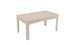 The Mainstay Rectangular Dining Table by Ledge Lounger features a beige slatted top, four simple legs, and a central circular hole with an umbrella sleeve, making it perfect for outdoor dining and enjoying meals al fresco with its simple, functional design.