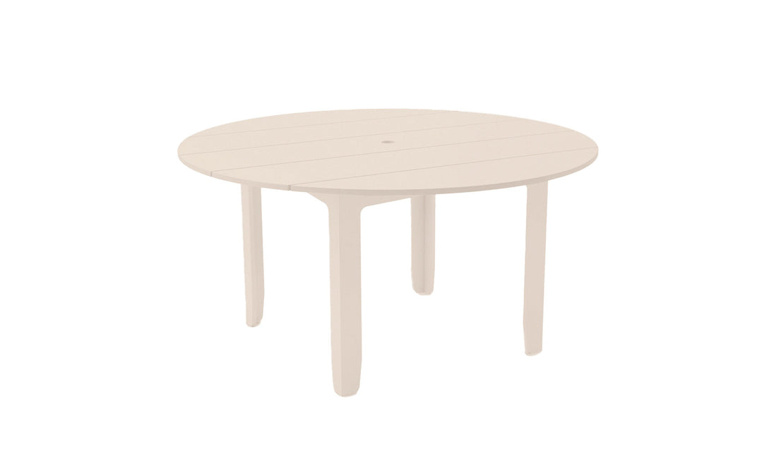 The Ledge Lounger Mainstay Round Dining Table is a simple, round beige table with four legs and a built-in umbrella sleeve, crafted from a smooth material and set against a plain white background.