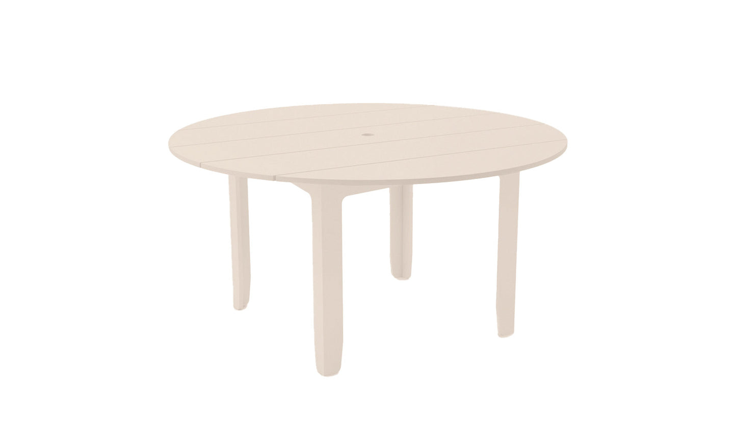 The Ledge Lounger Mainstay Round Dining Table is a simple, round beige table with four legs and a built-in umbrella sleeve, crafted from a smooth material and set against a plain white background.