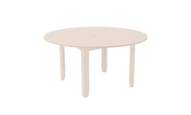 The Ledge Lounger Mainstay Round Dining Table is a simple, round beige table with four legs and a built-in umbrella sleeve, crafted from a smooth material and set against a plain white background.