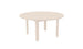 The Ledge Lounger Mainstay Round Dining Table is a simple, round beige table with four legs and a built-in umbrella sleeve, crafted from a smooth material and set against a plain white background.