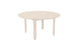 The Ledge Lounger Mainstay Round Dining Table is a simple, round beige table with four legs and a built-in umbrella sleeve, crafted from a smooth material and set against a plain white background.