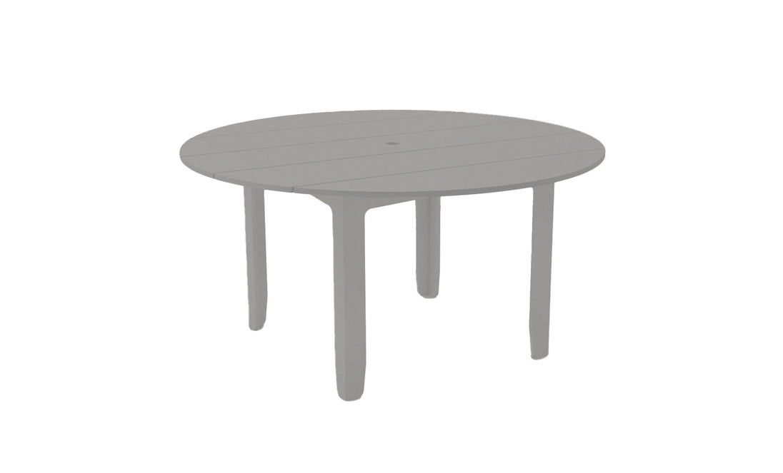 The Mainstay Round Dining Table by Ledge Lounger is ideal for outdoor dining with its minimalist gray design, smooth slatted surface, four sturdy legs, and a built-in umbrella sleeve.