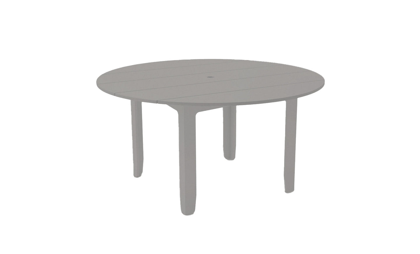 The Mainstay Round Dining Table by Ledge Lounger is ideal for outdoor dining with its minimalist gray design, smooth slatted surface, four sturdy legs, and a built-in umbrella sleeve.